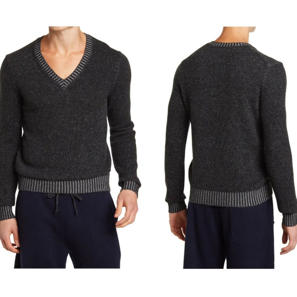 Amicale Men Cashmere Blend Plated Jersey V-Neck Pullover Sweater Sz XL